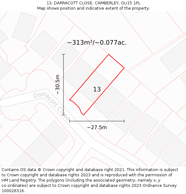 13, DARRACOTT CLOSE, CAMBERLEY, GU15 1PL: Plot and title map