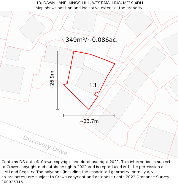 13, DAWN LANE, KINGS HILL, WEST MALLING, ME19 4DH: Plot and title map