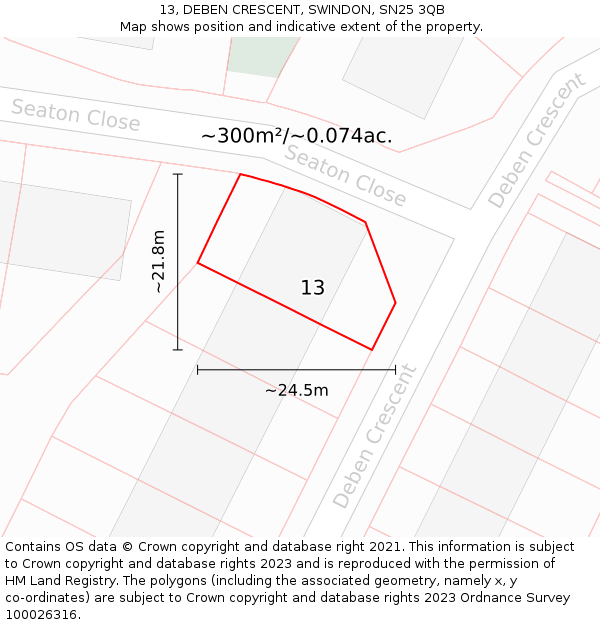 13, DEBEN CRESCENT, SWINDON, SN25 3QB: Plot and title map