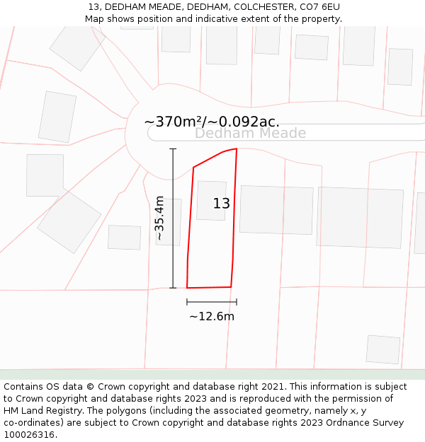 13, DEDHAM MEADE, DEDHAM, COLCHESTER, CO7 6EU: Plot and title map