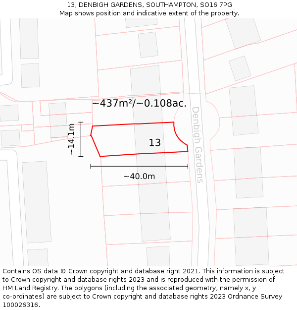 13, DENBIGH GARDENS, SOUTHAMPTON, SO16 7PG: Plot and title map