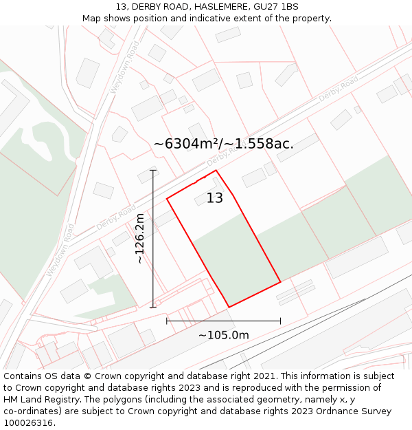 13, DERBY ROAD, HASLEMERE, GU27 1BS: Plot and title map