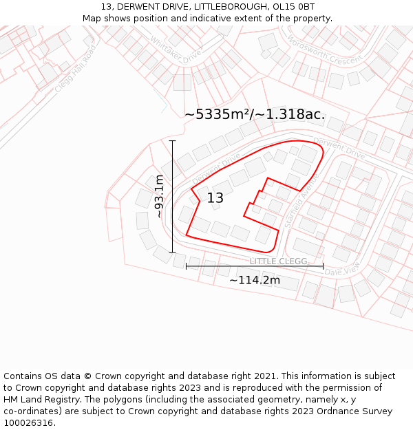 13, DERWENT DRIVE, LITTLEBOROUGH, OL15 0BT: Plot and title map