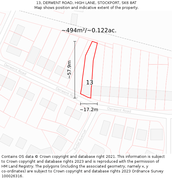 13, DERWENT ROAD, HIGH LANE, STOCKPORT, SK6 8AT: Plot and title map