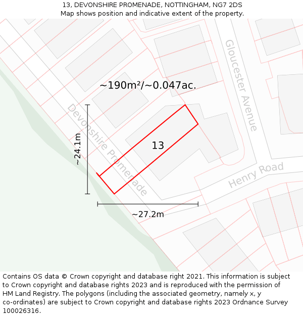 13, DEVONSHIRE PROMENADE, NOTTINGHAM, NG7 2DS: Plot and title map