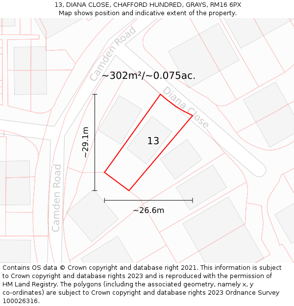 13, DIANA CLOSE, CHAFFORD HUNDRED, GRAYS, RM16 6PX: Plot and title map