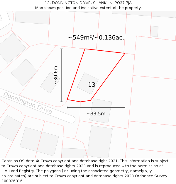 13, DONNINGTON DRIVE, SHANKLIN, PO37 7JA: Plot and title map