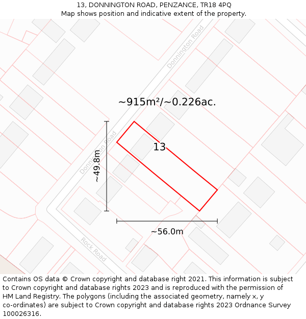 13, DONNINGTON ROAD, PENZANCE, TR18 4PQ: Plot and title map