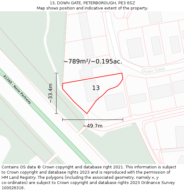 13, DOWN GATE, PETERBOROUGH, PE3 6SZ: Plot and title map