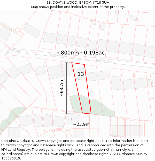 13, DOWNS WOOD, EPSOM, KT18 5UH: Plot and title map