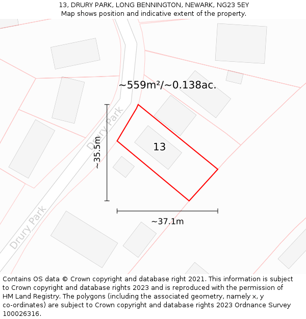 13, DRURY PARK, LONG BENNINGTON, NEWARK, NG23 5EY: Plot and title map