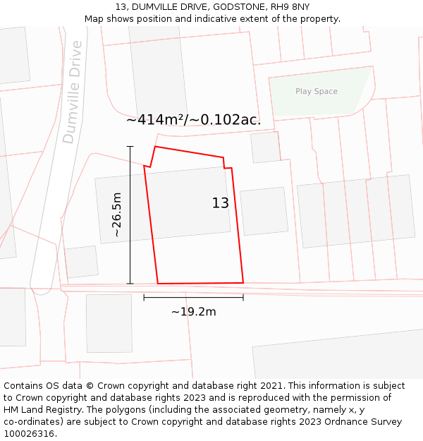 13, DUMVILLE DRIVE, GODSTONE, RH9 8NY: Plot and title map