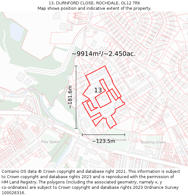 13, DURNFORD CLOSE, ROCHDALE, OL12 7RX: Plot and title map