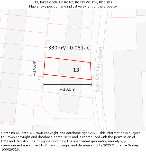 13, EAST COSHAM ROAD, PORTSMOUTH, PO6 2BP: Plot and title map
