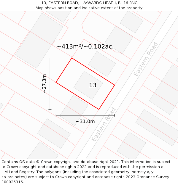 13, EASTERN ROAD, HAYWARDS HEATH, RH16 3NG: Plot and title map