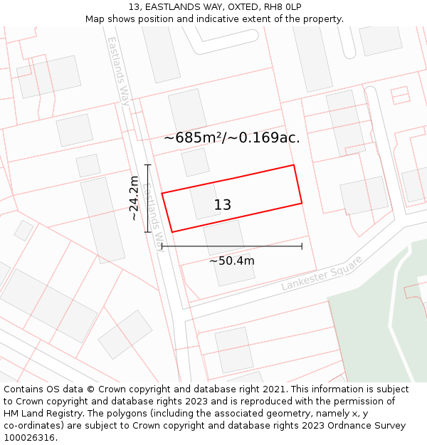 13, EASTLANDS WAY, OXTED, RH8 0LP: Plot and title map