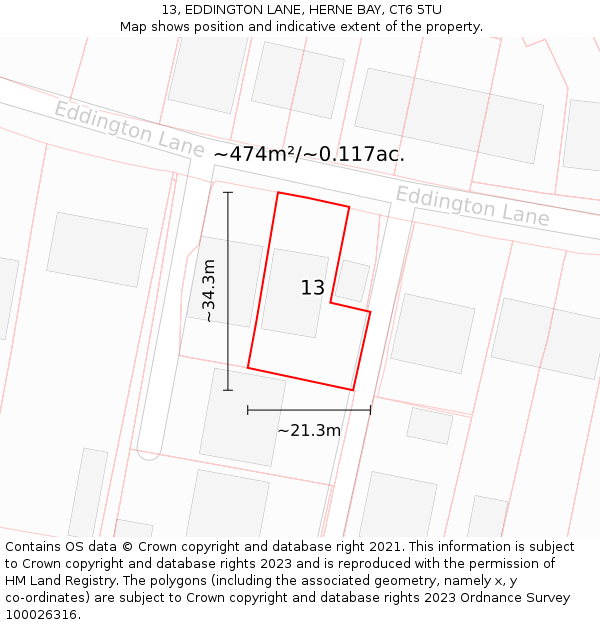 13, EDDINGTON LANE, HERNE BAY, CT6 5TU: Plot and title map