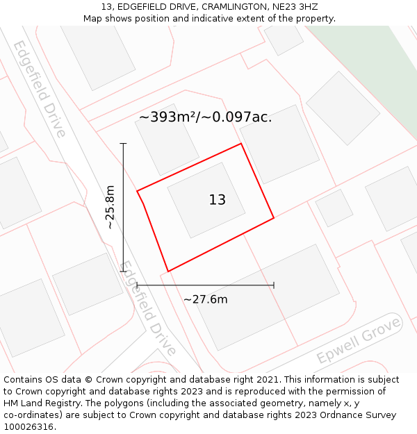 13, EDGEFIELD DRIVE, CRAMLINGTON, NE23 3HZ: Plot and title map