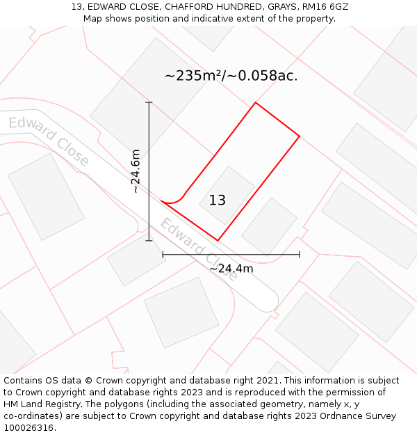 13, EDWARD CLOSE, CHAFFORD HUNDRED, GRAYS, RM16 6GZ: Plot and title map