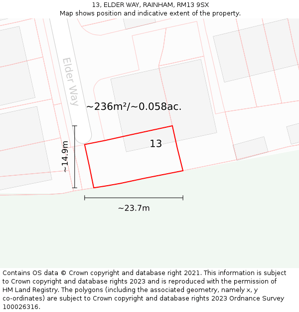 13, ELDER WAY, RAINHAM, RM13 9SX: Plot and title map