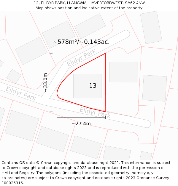 13, ELIDYR PARK, LLANGWM, HAVERFORDWEST, SA62 4NW: Plot and title map