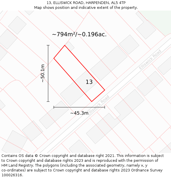 13, ELLISWICK ROAD, HARPENDEN, AL5 4TP: Plot and title map