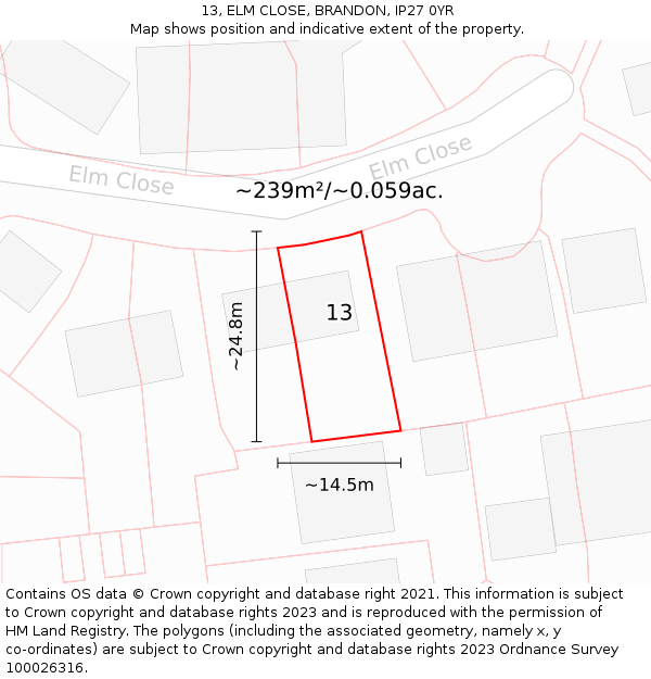 13, ELM CLOSE, BRANDON, IP27 0YR: Plot and title map