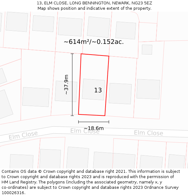 13, ELM CLOSE, LONG BENNINGTON, NEWARK, NG23 5EZ: Plot and title map