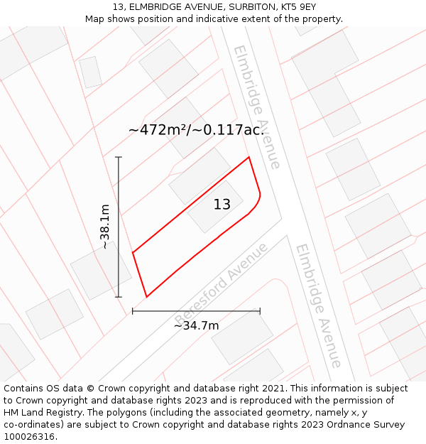 13, ELMBRIDGE AVENUE, SURBITON, KT5 9EY: Plot and title map
