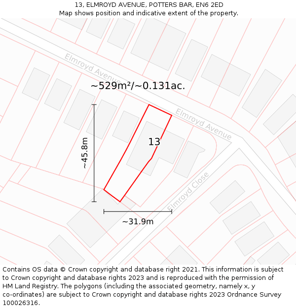 13, ELMROYD AVENUE, POTTERS BAR, EN6 2ED: Plot and title map