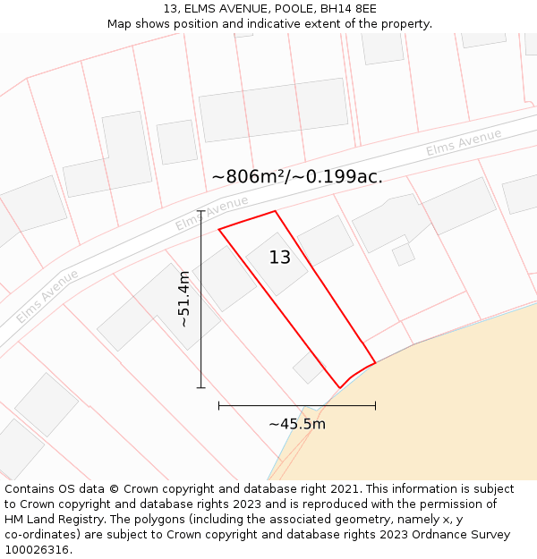 13, ELMS AVENUE, POOLE, BH14 8EE: Plot and title map