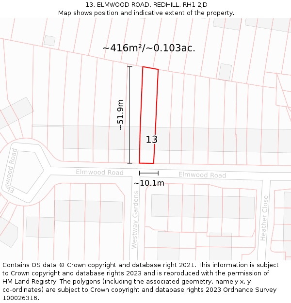 13, ELMWOOD ROAD, REDHILL, RH1 2JD: Plot and title map