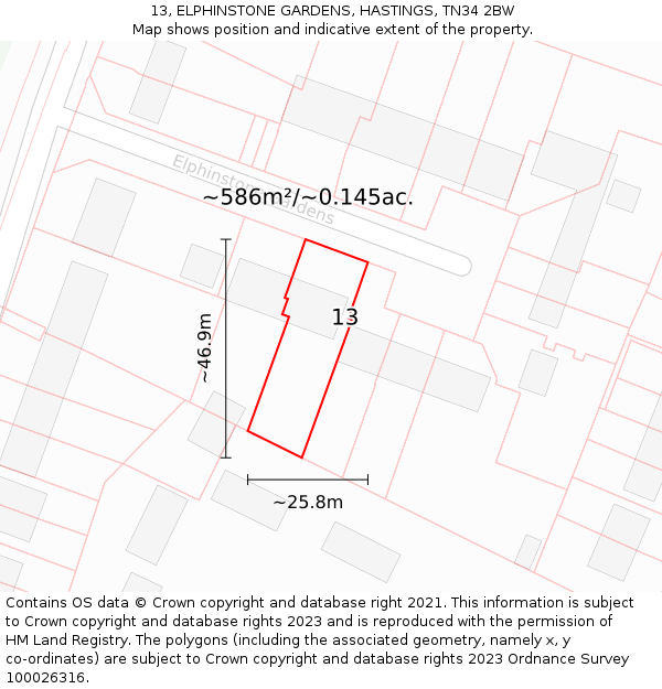 13, ELPHINSTONE GARDENS, HASTINGS, TN34 2BW: Plot and title map
