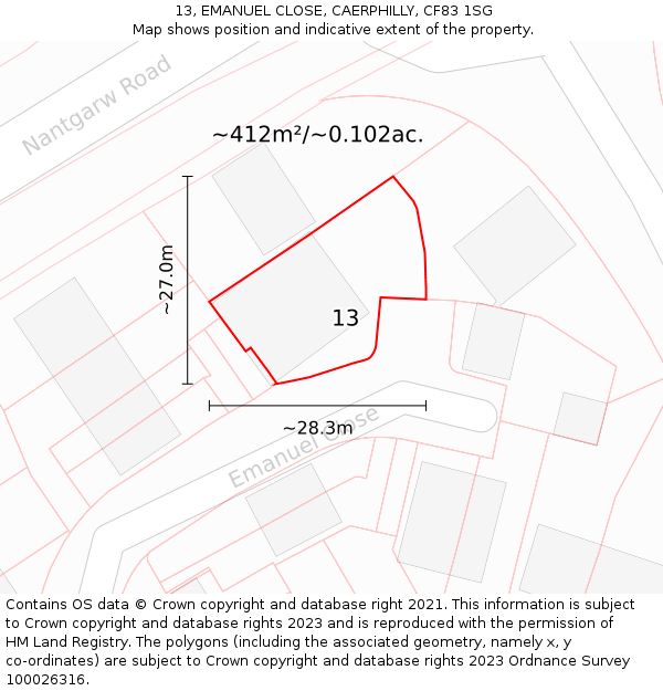 13, EMANUEL CLOSE, CAERPHILLY, CF83 1SG: Plot and title map