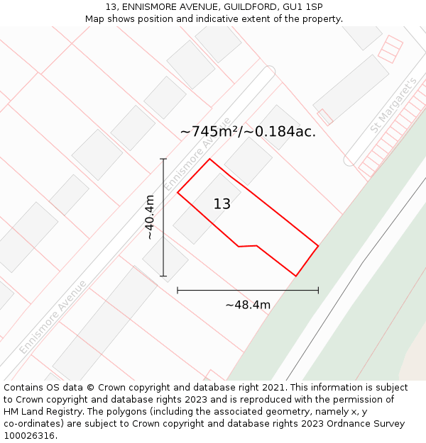 13, ENNISMORE AVENUE, GUILDFORD, GU1 1SP: Plot and title map