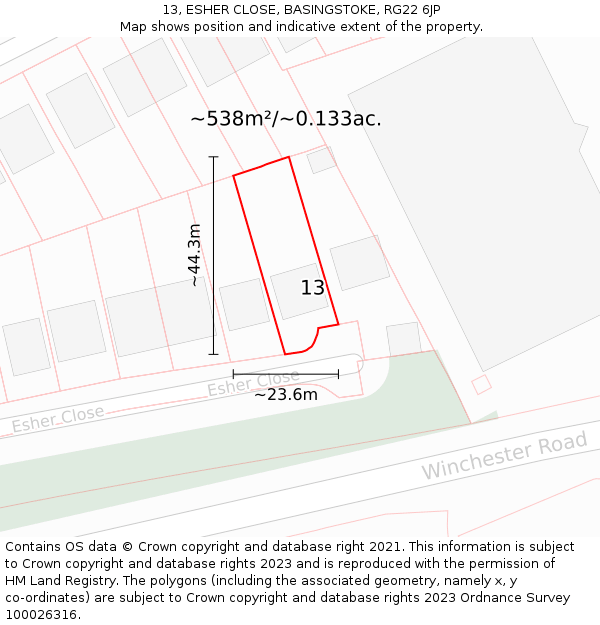 13, ESHER CLOSE, BASINGSTOKE, RG22 6JP: Plot and title map