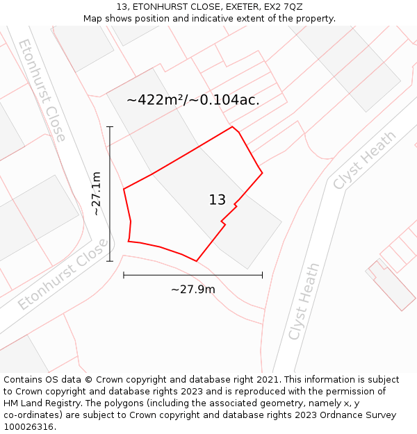 13, ETONHURST CLOSE, EXETER, EX2 7QZ: Plot and title map