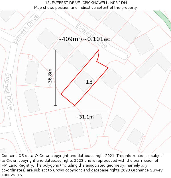 13, EVEREST DRIVE, CRICKHOWELL, NP8 1DH: Plot and title map