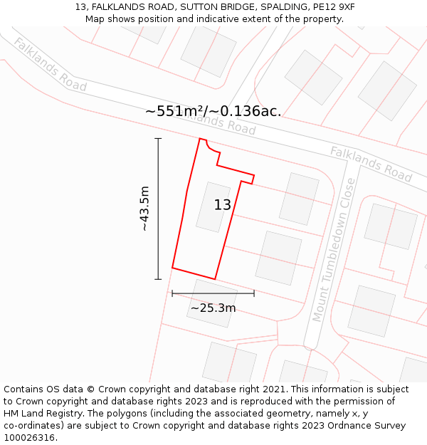 13, FALKLANDS ROAD, SUTTON BRIDGE, SPALDING, PE12 9XF: Plot and title map