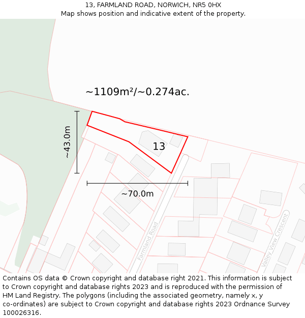 13, FARMLAND ROAD, NORWICH, NR5 0HX: Plot and title map