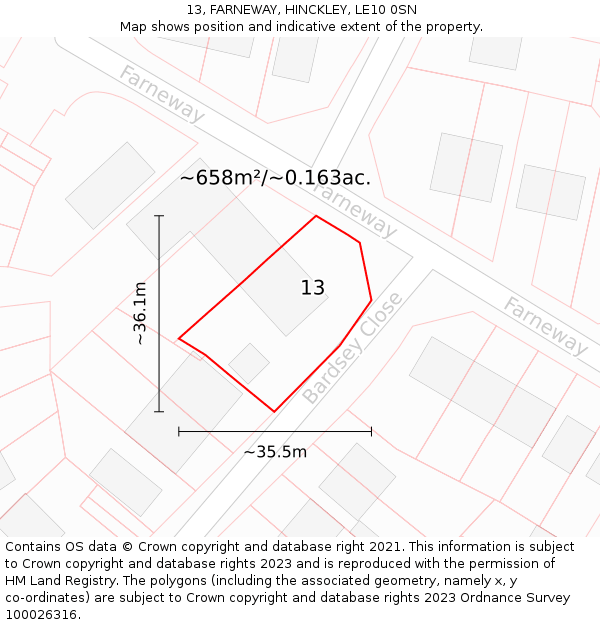 13, FARNEWAY, HINCKLEY, LE10 0SN: Plot and title map