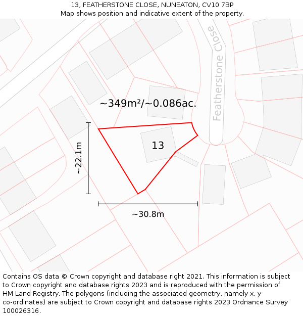 13, FEATHERSTONE CLOSE, NUNEATON, CV10 7BP: Plot and title map