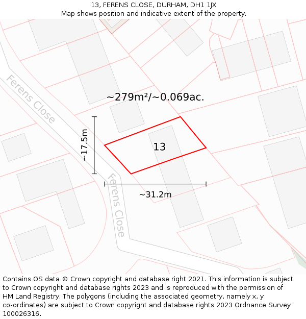 13, FERENS CLOSE, DURHAM, DH1 1JX: Plot and title map