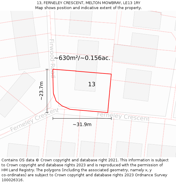 13, FERNELEY CRESCENT, MELTON MOWBRAY, LE13 1RY: Plot and title map