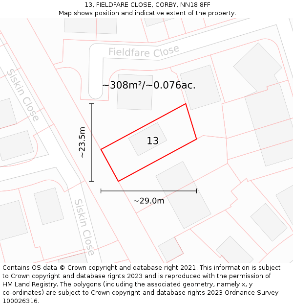 13, FIELDFARE CLOSE, CORBY, NN18 8FF: Plot and title map