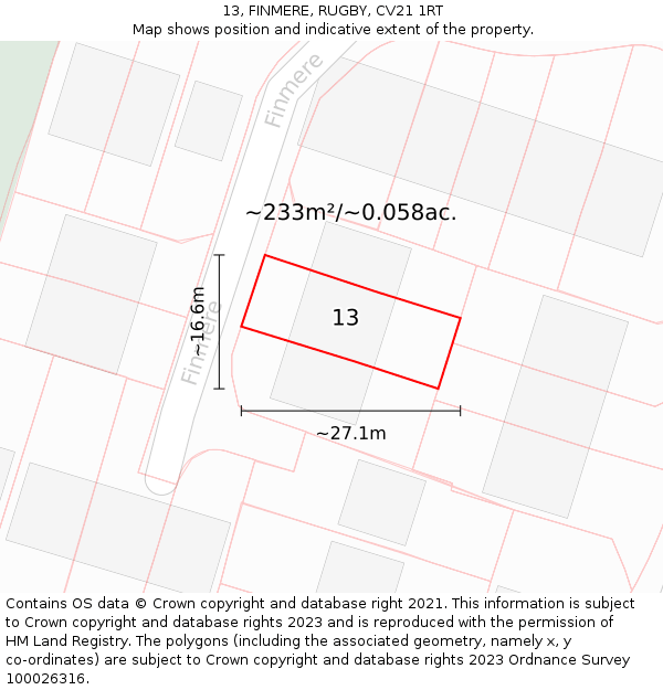 13, FINMERE, RUGBY, CV21 1RT: Plot and title map