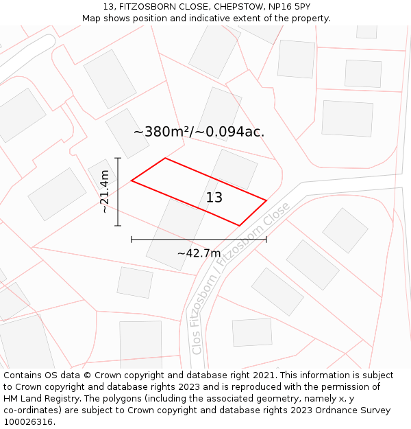 13, FITZOSBORN CLOSE, CHEPSTOW, NP16 5PY: Plot and title map