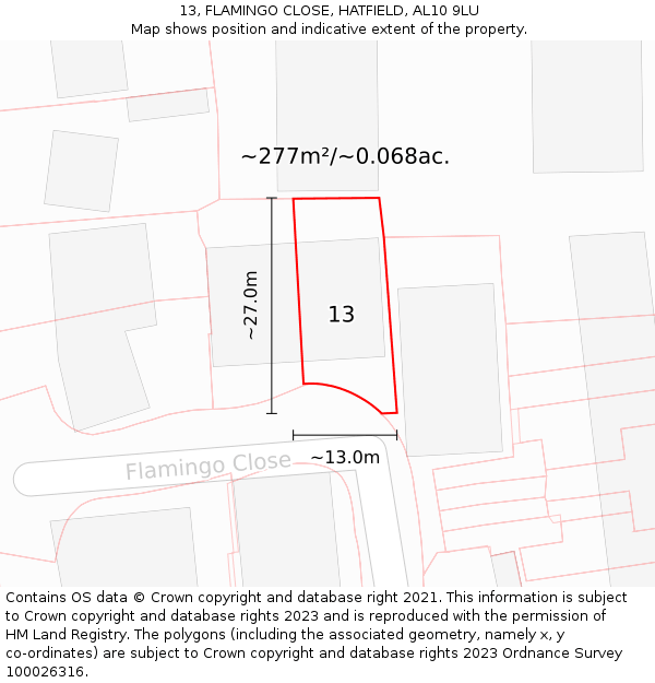 13, FLAMINGO CLOSE, HATFIELD, AL10 9LU: Plot and title map