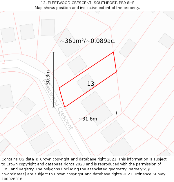 13, FLEETWOOD CRESCENT, SOUTHPORT, PR9 8HF: Plot and title map