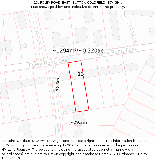 13, FOLEY ROAD EAST, SUTTON COLDFIELD, B74 3HN: Plot and title map